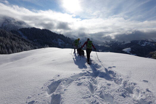 Zwei Personen mit einem grossen, schwarzen Hund auf einer Schneeflaeche.