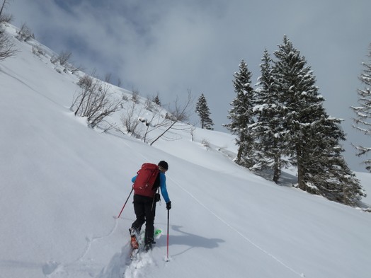 Ein Skitourengänger spurt im tiefen, unverspurtem Schnee am Flaschenpeak.